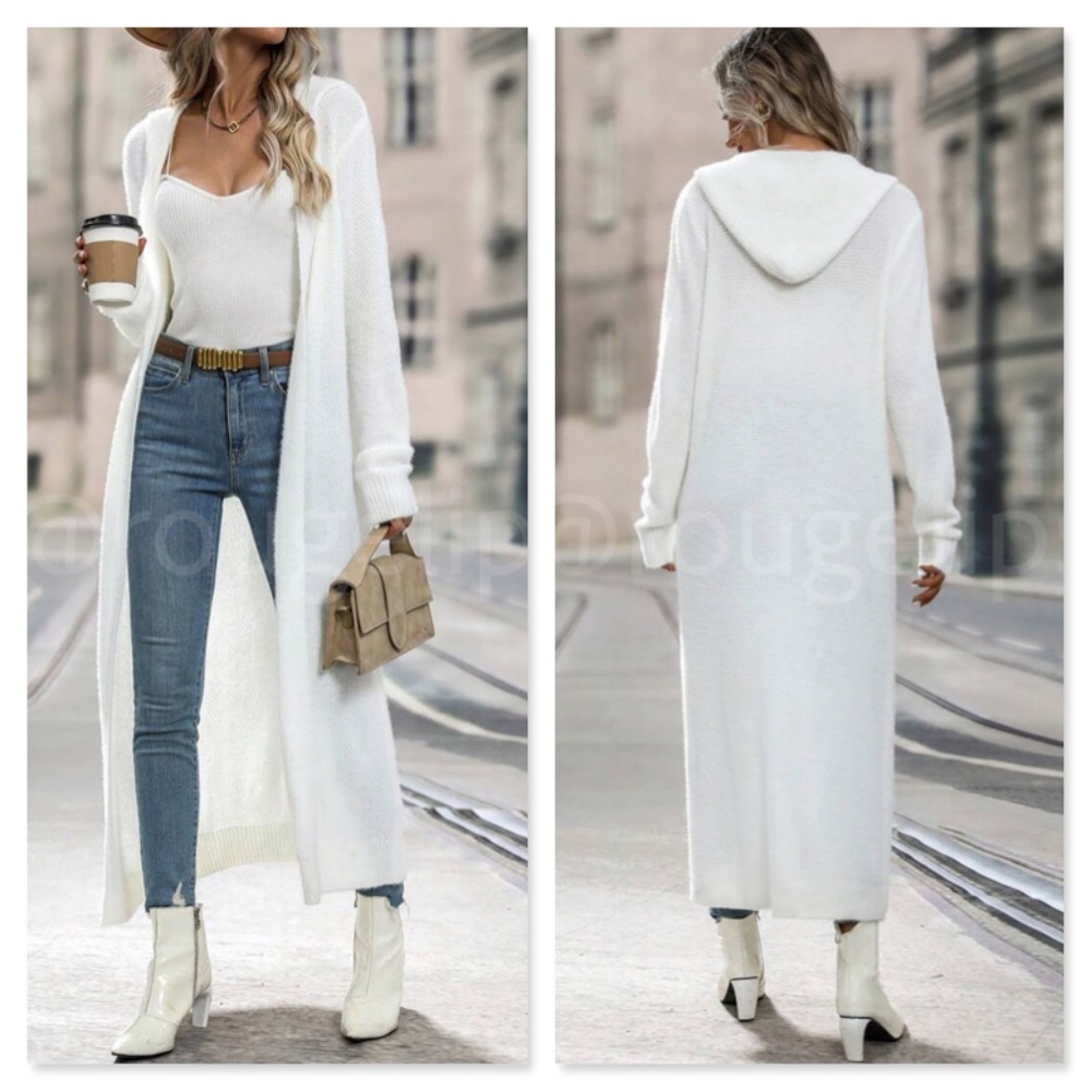 White Hooded Light Duster Cardigan Open Long Sleeve Knit, Stretchy